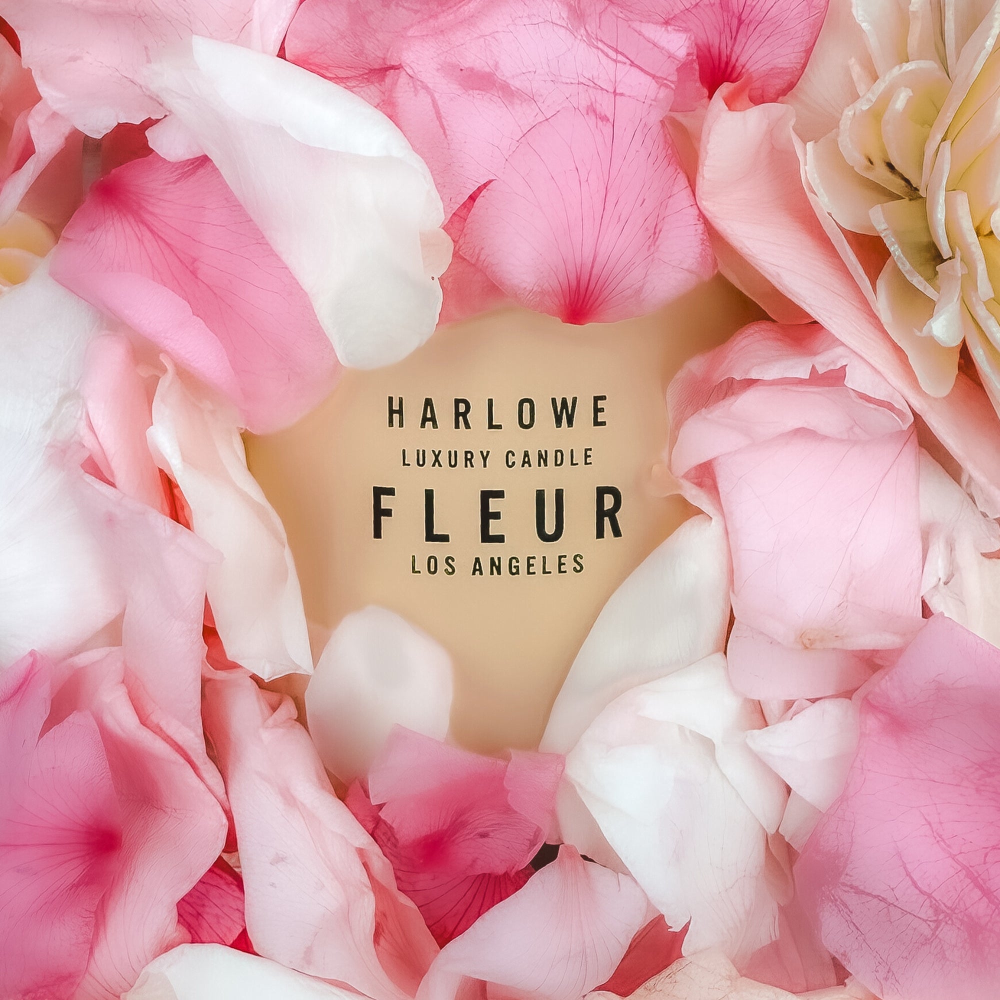 Harlowe Luxury Candle Fleur Los Angeles surrounded by pink and white flowers