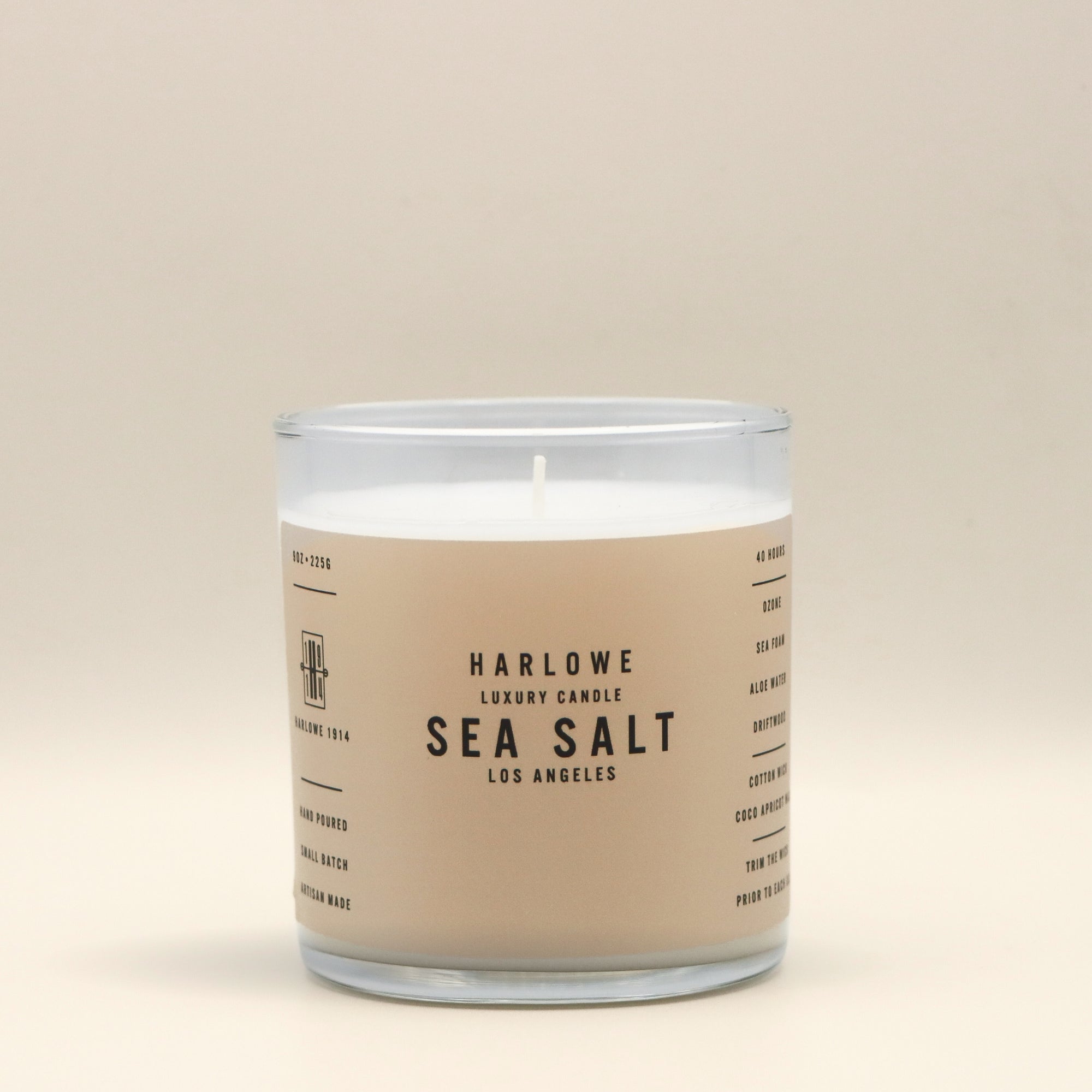 Harlowe Sea Salt candle on a beige background
