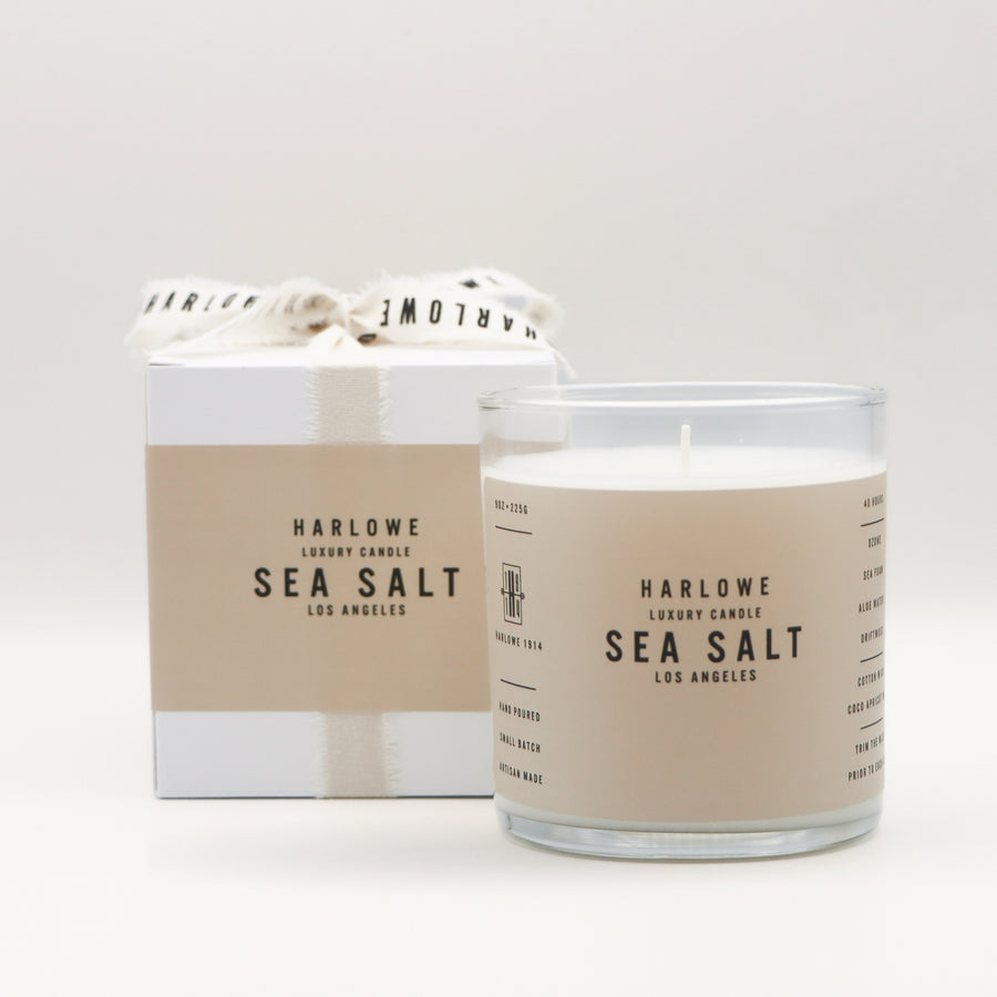 Harlowe Luxury Candle Sea Salt 
with candle and box on a light gray background
