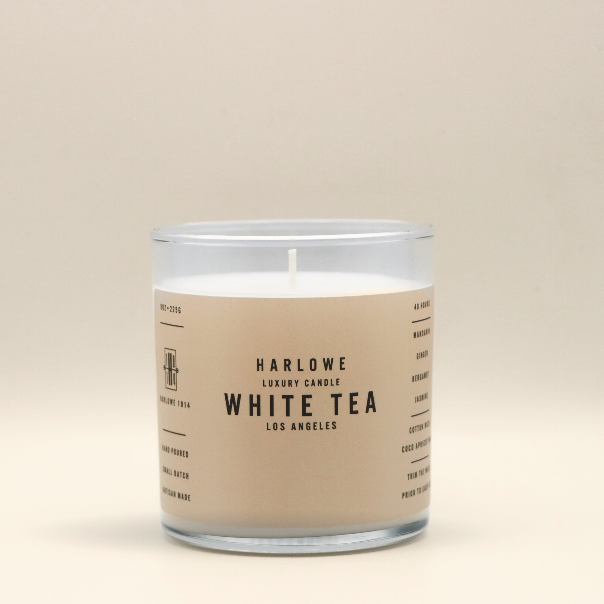 Harlowe Luxury Candle White Tea candle on a beige background