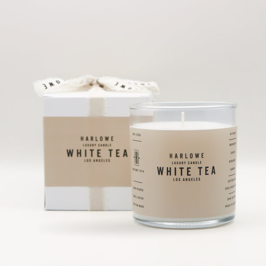 Harlowe Luxury Candle White Tea with candle and box on a light gray background