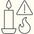Black line drawing of a candle, flame, and warning triangle with exclamation mark on a white background