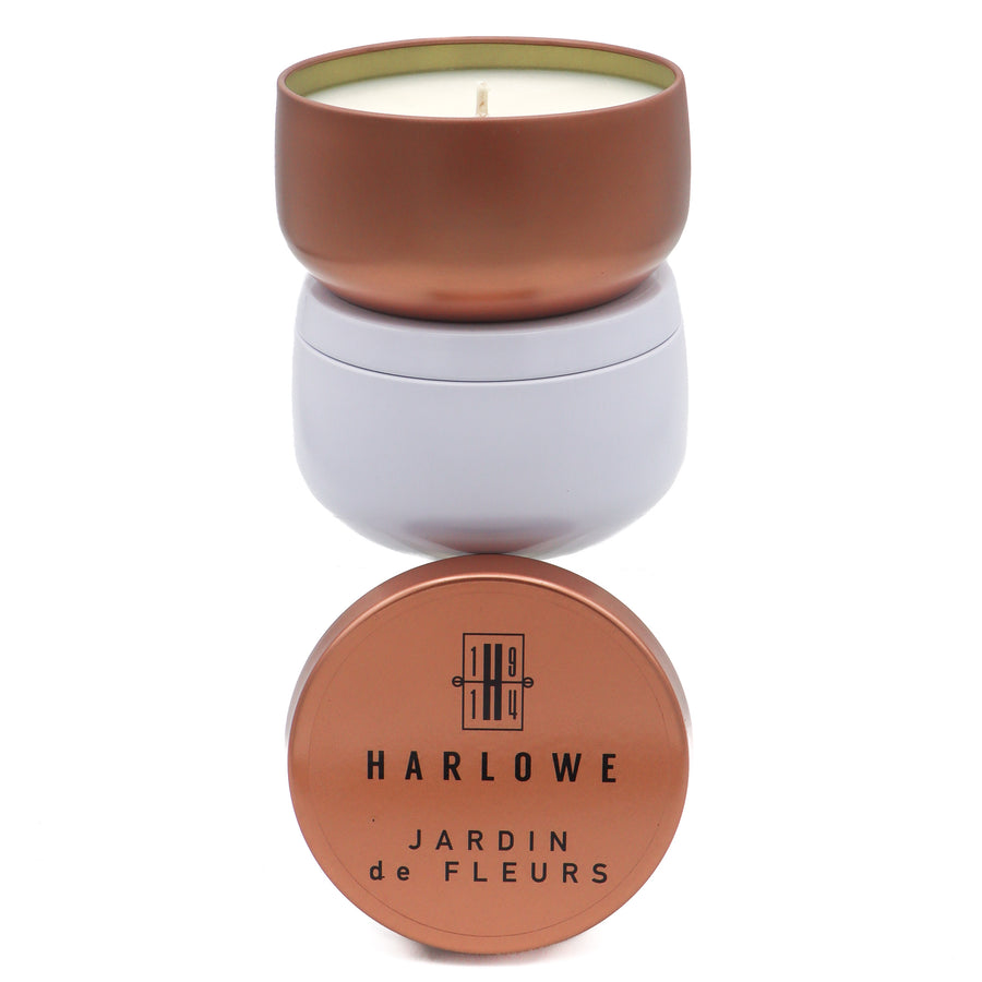 Jardin de Fleurs 7 ounce soy candle tins in copper and white.  Harlowe 1914