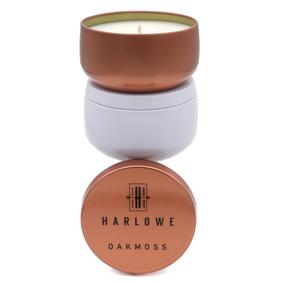 Oakmoss 7 ounce soy candle tins in copper and white. Harlowe 1914.