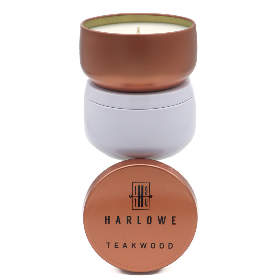 Teakwood 7 ounce soy candle tins in copper and white.  Harlowe 1914.