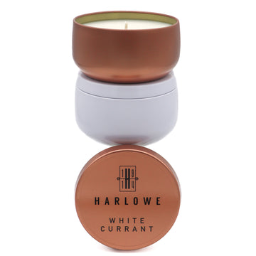 White currant 7 ounce soy candle in copper and white.  Harlowe 1914.
